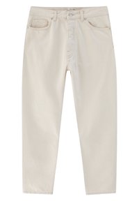 Béžové džínové kalhoty s rovnými nohavicemi, pětikapsovým designem a zapínáním na knoflíky. Hladká textura s viditelnými švy.