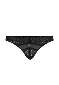 String noir en dentelle avec un motif floral, panneaux en mesh transparent, détail en satin au niveau de l'avant, et petit charme métallique au centre.