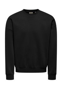 Schwarzer Sweatshirt mit langen Ärmeln, rundem Ausschnitt, gerippten Bündchen und Saum. Das Material wirkt weich und strukturiert, entworfen für lässige Kleidung.