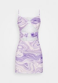 Vestido mini em tons de púrpura e creme, com alças finas, laterais recortadas e detalhes em hardware circular na cintura. Tecido suave e leve.