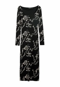 Must mustriga mustriga kleit ribatud kangast, millel on abstraktne valge tekstimuster. Ruudukujuline kaelus ja sirge lõike disain.