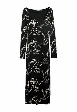 Must mustriga mustriga kleit ribatud kangast, millel on abstraktne valge tekstimuster. Ruudukujuline kaelus ja sirge lõike disain.