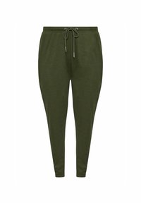 Jogging in verde oliva realizzati in tessuto a costine, con vita elasticizzata e cordino, e gambe affusolate.