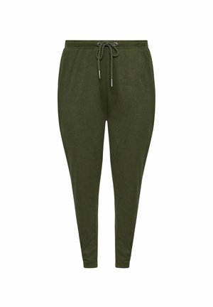 Joggers verdes oliva hechos de tela acanalada, con una cinturilla elástica con cordón y piernas ajustadas.
