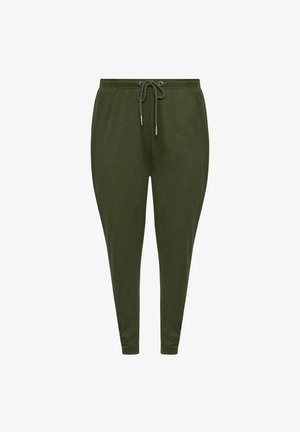 Joggers verdes oliva hechos de tela acanalada, con una cinturilla elástica con cordón y piernas ajustadas.