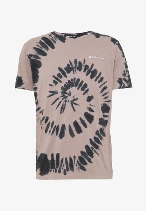 Vaaleanpunainen kravatti-painantapaita mustalla spiraalimallilla. Lyhyet hihat, pyöreä kaula-aukko ja pieni valkoinen "REPLAY" logo rinnassa. Puuvillamateriaalinen.