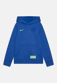 Blå hettegenser med Nike-logo i neon grønn, FC Barcelona-emblem på brystet, og frontlomme i kengurustil med et lite merkelapp.
