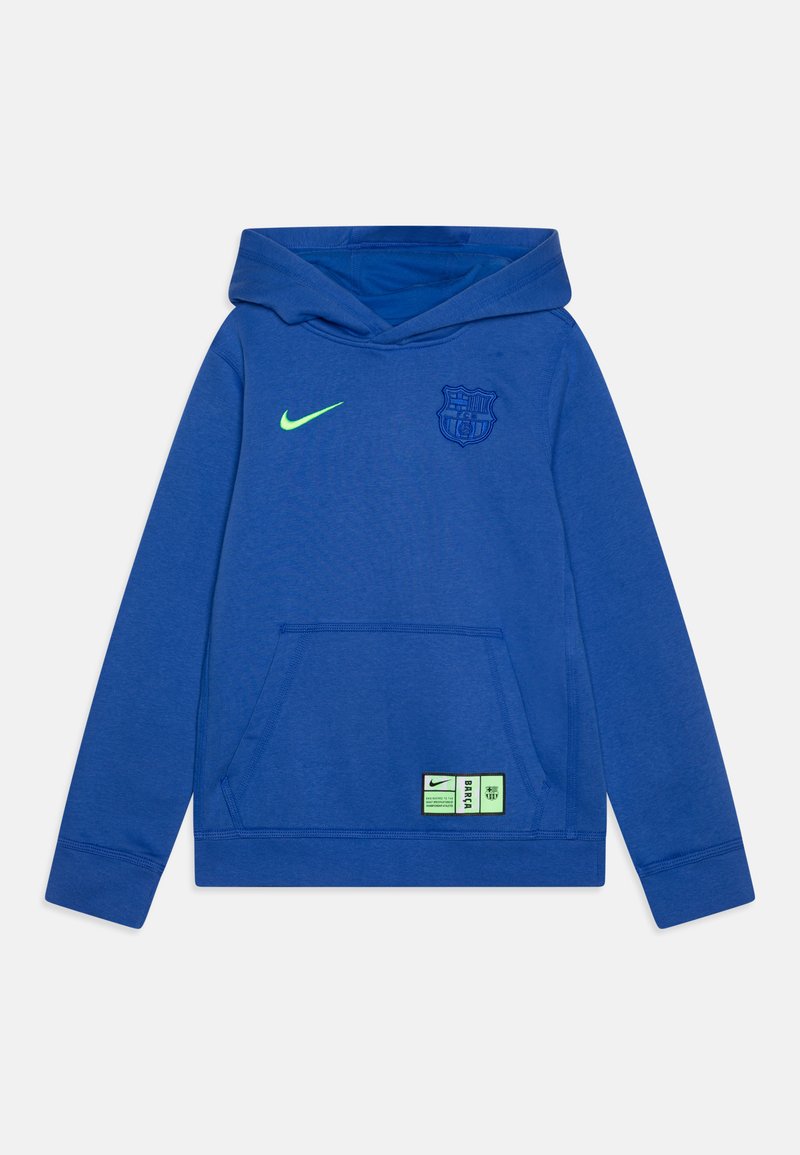 Hanorac albastru cu glugă, cu logo-ul Nike în verde neon, emblema FC Barcelona pe piept și buzunar frontal tip kangaroo cu o etichetă mică.