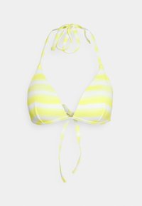 Top de bikini amarelo e branco às riscas, com formato triangular e laços no pescoço, apresentando alças ajustáveis e um detalhe de nó frontal.