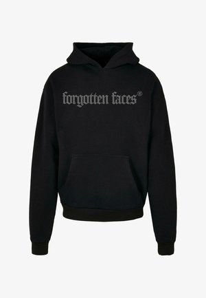 Čierna mikina s kapucňou vyrobená z bavlnenej zmesi s prednou vreckom. Obsahuje dekoratívny strieborný grafický nápis "zabudnuté tváre" na hrudi.