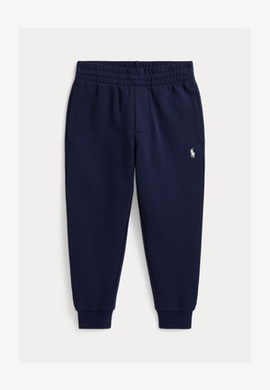 Marineblauwe joggingbroek met elastische tailleband, zijzakken, omgeslagen enkels en klein wit geborduurd logo op de rechterdij.