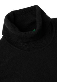 Maglione a collo alto di colore nero, realizzato in morbido tessuto lavorato a maglia, con un colletto alto e arrotolato e un sottile accento di etichetta verde.