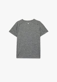 Graues T-Shirt mit kurzen Ärmeln in melierter Textur, runder Ausschnitt und kleinem Logodetail auf der Rückseite. Einfaches und lässiges Design.