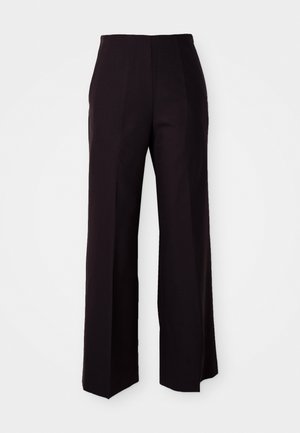 Black wide-leg trousers with a high waist, featuring a smooth texture and subtle front pleats, tailored for a structured fit.