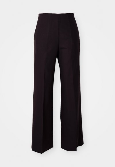 Schwarze weite Hose mit hoher Taille, aus einem glatten Material und dezenten Vorderfalten, maßgeschneidert für eine strukturierte Passform.