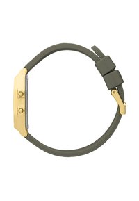 Cinturino per orologio in silicone verde oliva con cassa in metallo dorato e quadrante argentato chiaro; presenta due pulsanti e una chiusura a fibbia.