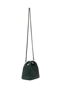 Grøn vævet handbags med en unik form, dobbelt håndtag og en lang kædesti til at bære. Struktureret materiale.