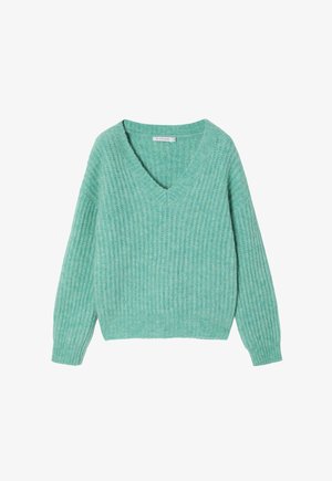 Mintgrøn, strikket sweater med v-hals, ribbet tekstur og lange ærmer, der har en afslappet pasform og blødt materiale.