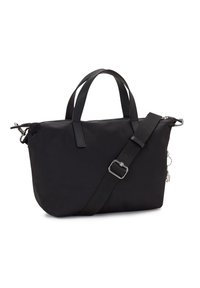 Sac à main en nylon noir avec des poignées doubles et une bandoulière ajustable avec boucle en argent sur fond blanc.