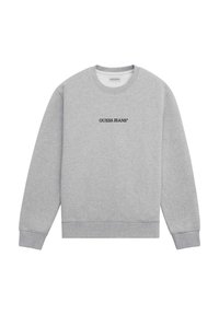 Sudadera gris de mezcla de algodón, con un escote redondo y puños de canalé. Logo negro de "GUESS JEANS" impreso en la parte delantera.