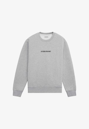 Felpa grigia in misto cotone, con scollatura rotonda e polsini a coste. Logo nero "GUESS JEANS" stampato sulla parte anteriore.