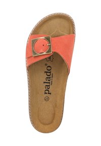 Oranje slide sandaal met een brede band en een gouden ronde gesp, zachte textuur binnenzool en een gestikt tan loopzool.