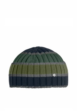 Knitted beanie hat with ribbed texture in navy blue, dark green, olive green, and gray horizontal stripes.