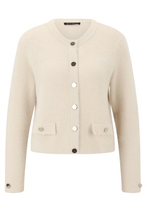 Cardigan di tessuto cremoso con scollatura rotonda, bottoni a scatto frontali argentati, due tasche a patta con bottoni e maniche lunghe con dettagli a bottone.
