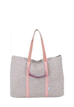 Large, soft pink tote bag with subtle leopard print, two pink handles, and a zippered top closure.