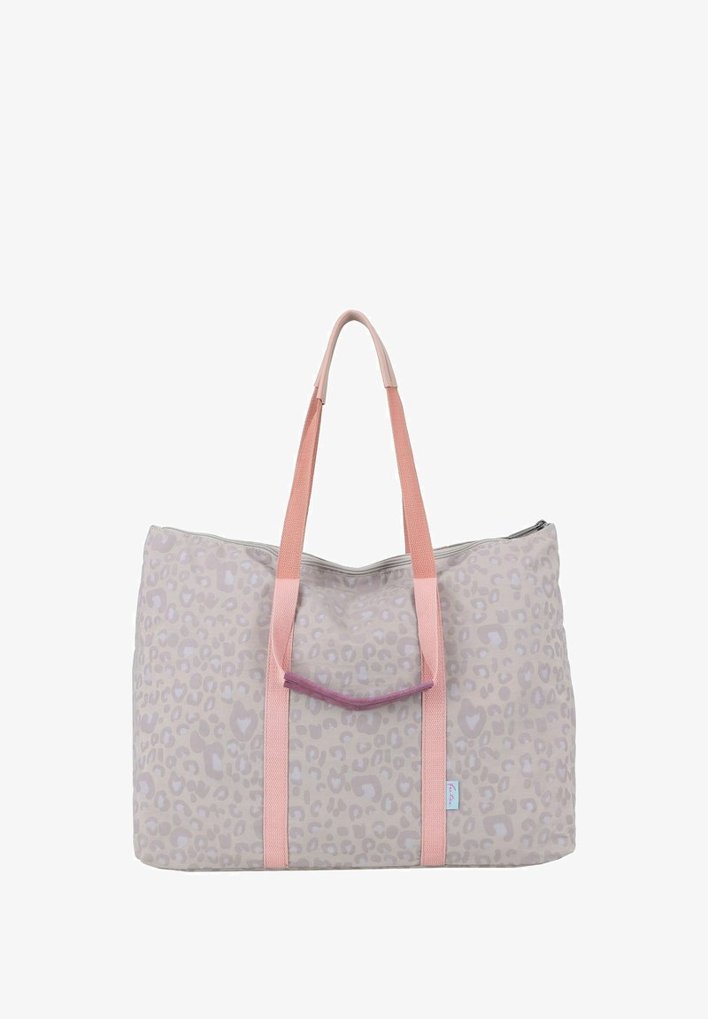 Grand sac cabas rose pâle doux avec un imprimé léopard subtil, deux poignées roses et une fermeture zippée sur le dessus.