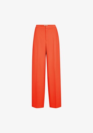 Wijde broek met hoge taille in fel oranje, met een voorrits en strijkstrepen langs de pijpen, uitgebeeld op een witte achtergrond.