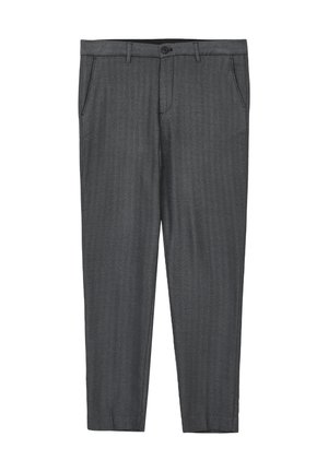 Pantaloni herringbone grigi con vestibilità slim, dotati di due tasche frontali, chiusura con un singolo bottone e una leggera texture su tutta la superficie.