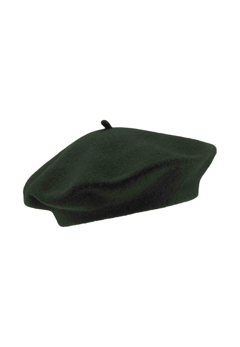 Beret verde din lână, cu o formă rotundă și plată și o ușoară cădere. Prezintă un mic nod în vârf și o suprafață moale, texturată.
