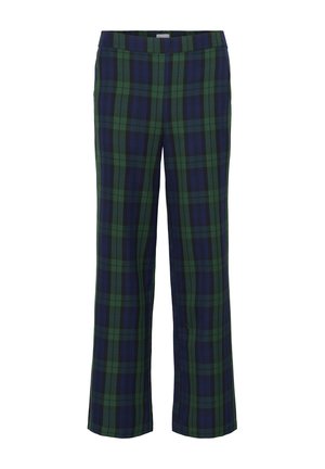 Groene en marineblauwe geruite broek met een recht ontwerp en een elastische tailleband. De stof heeft een zachte textuur en bevat een klassiek ruitpatroon.