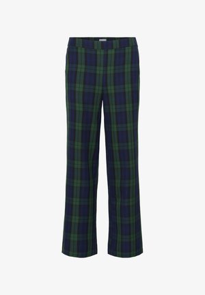 Grüne und marineblaue Karo-Hosen mit geradem Schnitt und elastischem Bund. Der Stoff hat eine weiche Textur und zeigt ein klassisches Karomuster.