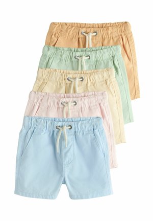 Päť párov detských krátkych nohavíc v pastelových farbách — modrej, ružovej, krémovej, mätozelené a broskyňovej — s elastickými pásmi a bielymi šnúrkami, usporiadané vertikálne.