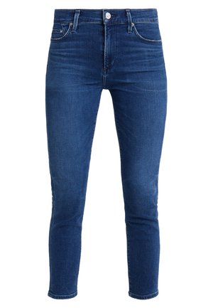 Tummansiniset slim fit -farkut, joissa napit ja vetoketjukiinnitys edessä, ja joissa on etu- ja takataskut.
