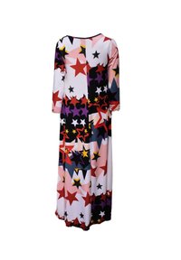 Vestido largo con un estampado de estrellas multicolores en rojo, púrpura, rosa y negro. Fabricado en un tejido suave, con mangas largas y un escote redondo.