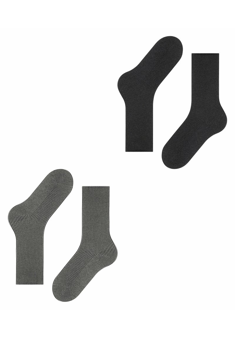 Gestreepte sokken in twee kleurvarianten: donkergrijs met subtiele ribbels en lichtgrijs met donkere strepen. Beide hebben een standaard sokvorm.