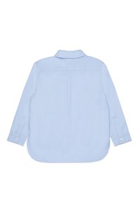 Chemise à manches longues bleu clair en tissu lisse, avec un col classique, des poignets boutonnés, un ourlet arrondi et un détail de pli au dos.