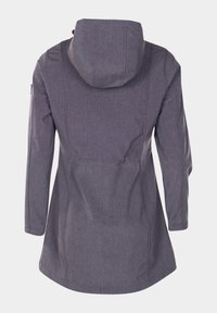 Szara, kapturowa kurtka z teksturowanej tkaniny. Posiada rozszerzający się fason, długie rękawy i yoke z tyłu. Minimalistyczny design, bez widocznych zapięć.