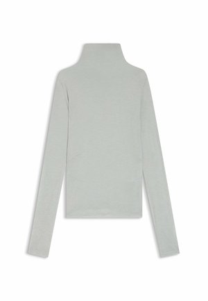Light gray long-sleeve turtleneck top, soft fabric, fitted design, features subtle side seam detailing, smooth texture, no visible hardware.