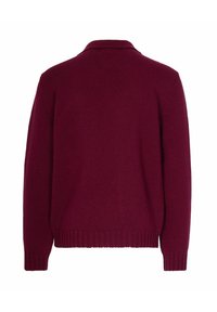 Cardigan lavorato a maglia bordeaux con finitura testurizzata, colletto e polsini e orlo a costine. Presenta una vestibilità rilassata e non ha chiusure visibili.