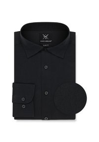 Czarna, dopasowana koszula uszyta z materiału o gładkiej teksturze. Posiada kołnierzyk w kształcie ostrym, guziki z przodu oraz opcję podwijania rękawów.