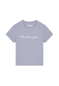 Licht lavendel kleurige t-shirt met korte mouwen van katoen, met in het wit de tekst "Alle Jahre nieder..." gecentreerd op de voorkant. Klassiek crew neck ontwerp.