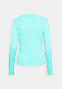 Mintgrön kabelstickad tröja med lång ärm, ribbade muddar och fåll, visad bakifrån mot en enkel vit bakgrund.