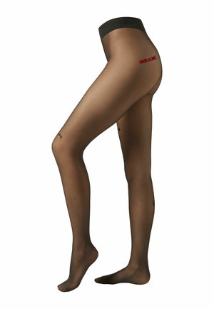 Collants noirs transparents avec une finition lisse. Comprend une large taille et un texte rouge « unboxing » à l'arrière, avec de petits accents noirs sur les jambes.