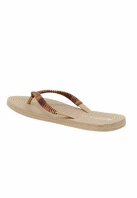 Chanclas de color marrón claro con suela texturizada. Las correas tejidas marrones presentan un acabado suave. Diseño ligero con forma y acentos minimalistas.