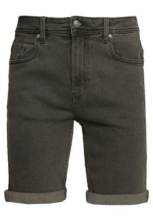 Jeansshorts i mörkgrått, med en klassisk femficksdesign, uppvikta fållar, metallknappstängning och kontrasterande sömdetaljer.