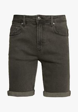 Denim shorts in dark grey, featuring a classic five-pocket design, rolled hems, metal button closure, and contrast stitching details.